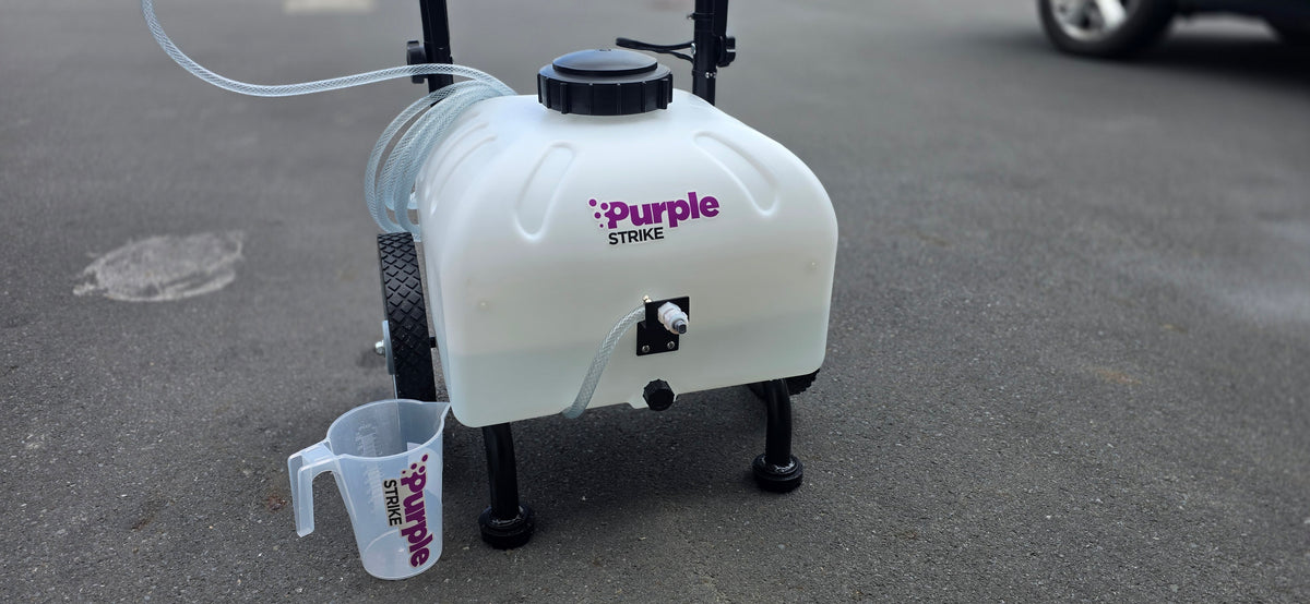 Close-up of the Purple Strike 34L cart sprayer tank, cap, hose fitting and branding