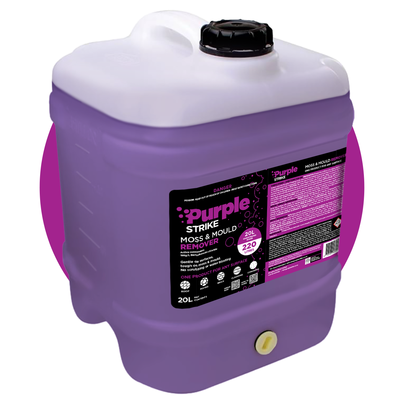 Purple container of Purple Strike 20litre Moss & Mould Remover on a white background