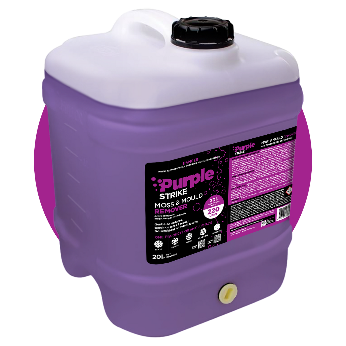 Purple container of Purple Strike 20litre Moss & Mould Remover on a white background