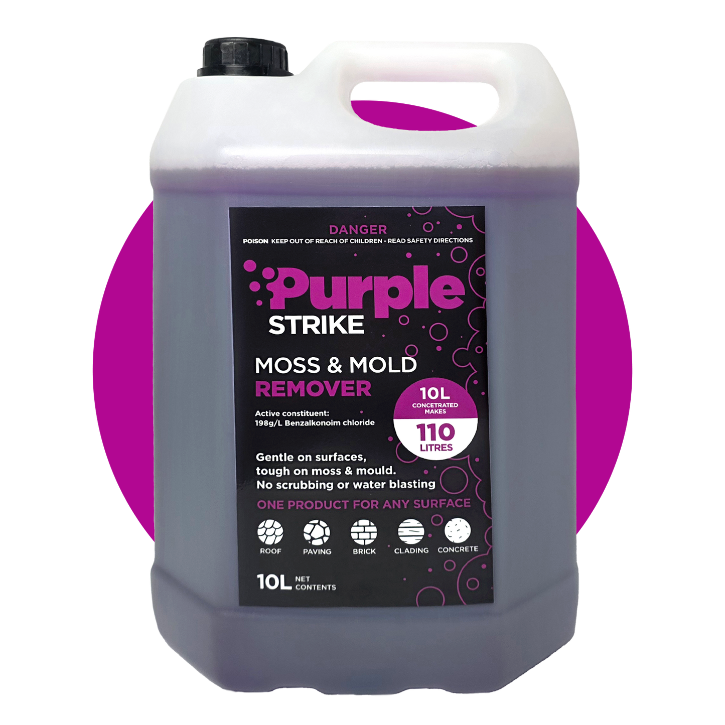 Purple Strike moss and mold remover 10litre container on a white background