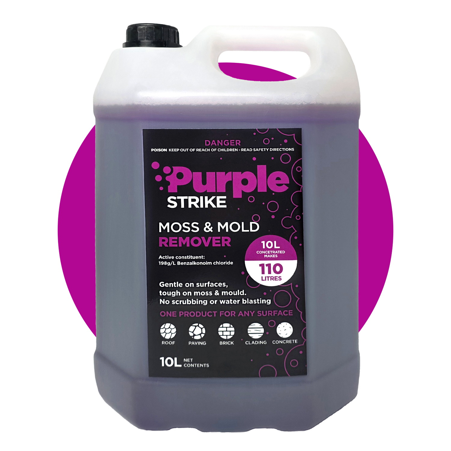 Purple Strike moss and mold remover 10litre container on a white background