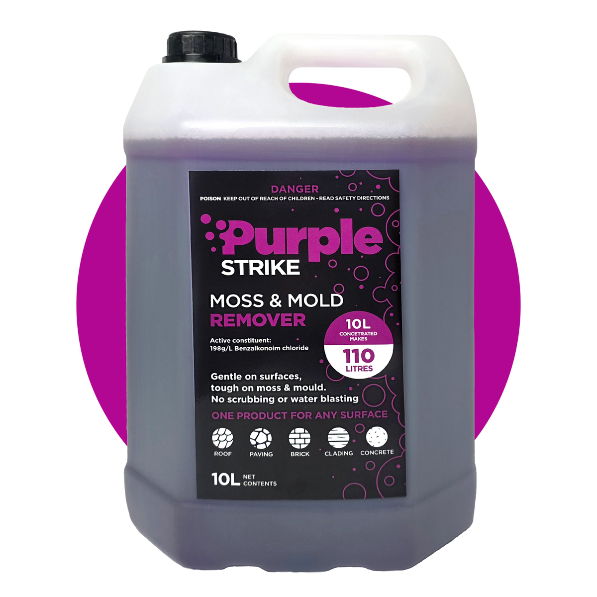 Purple Strike moss and mould remover 10 litre container on a white background