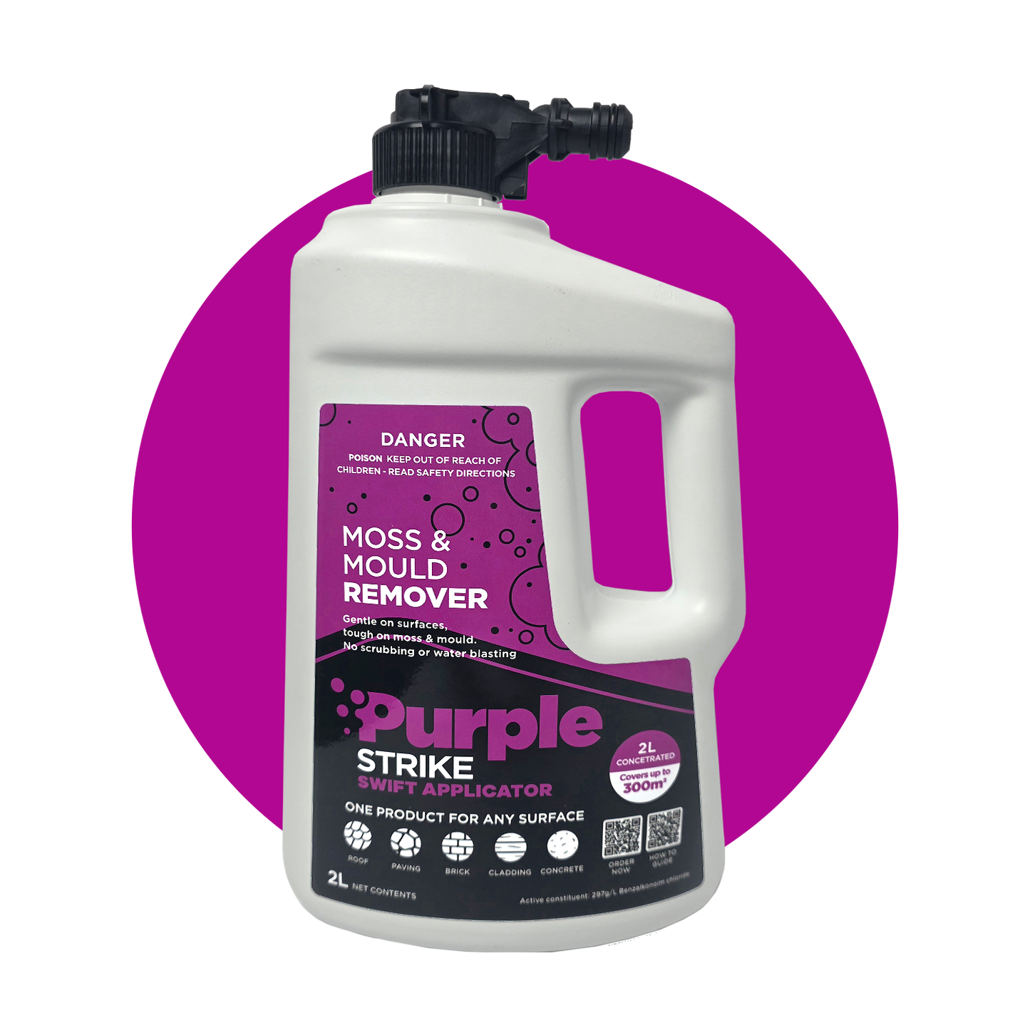 Moss and mould remover 2litre bottle with purple label on a white background