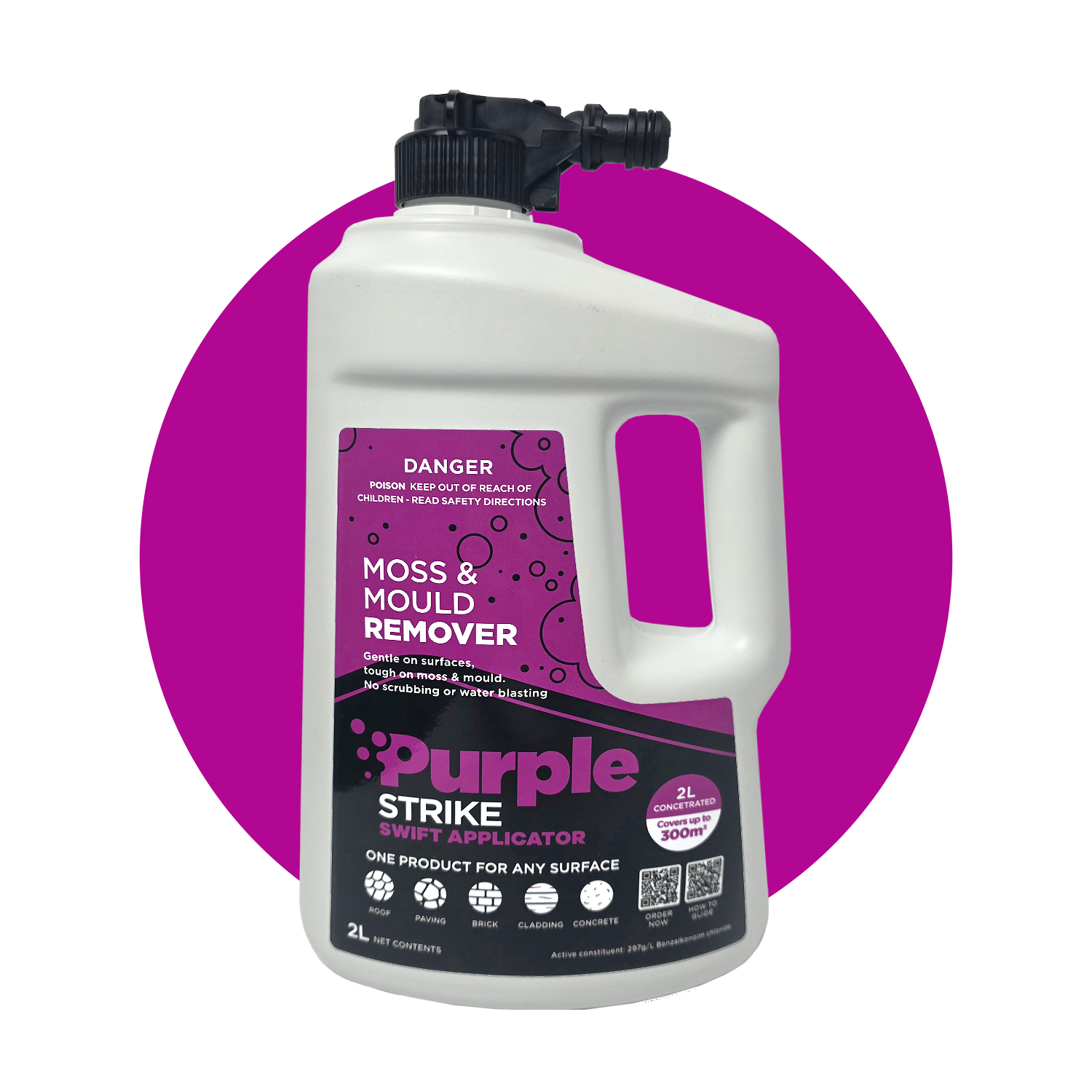 Moss and mould remover 2litre bottle with purple label on a white background