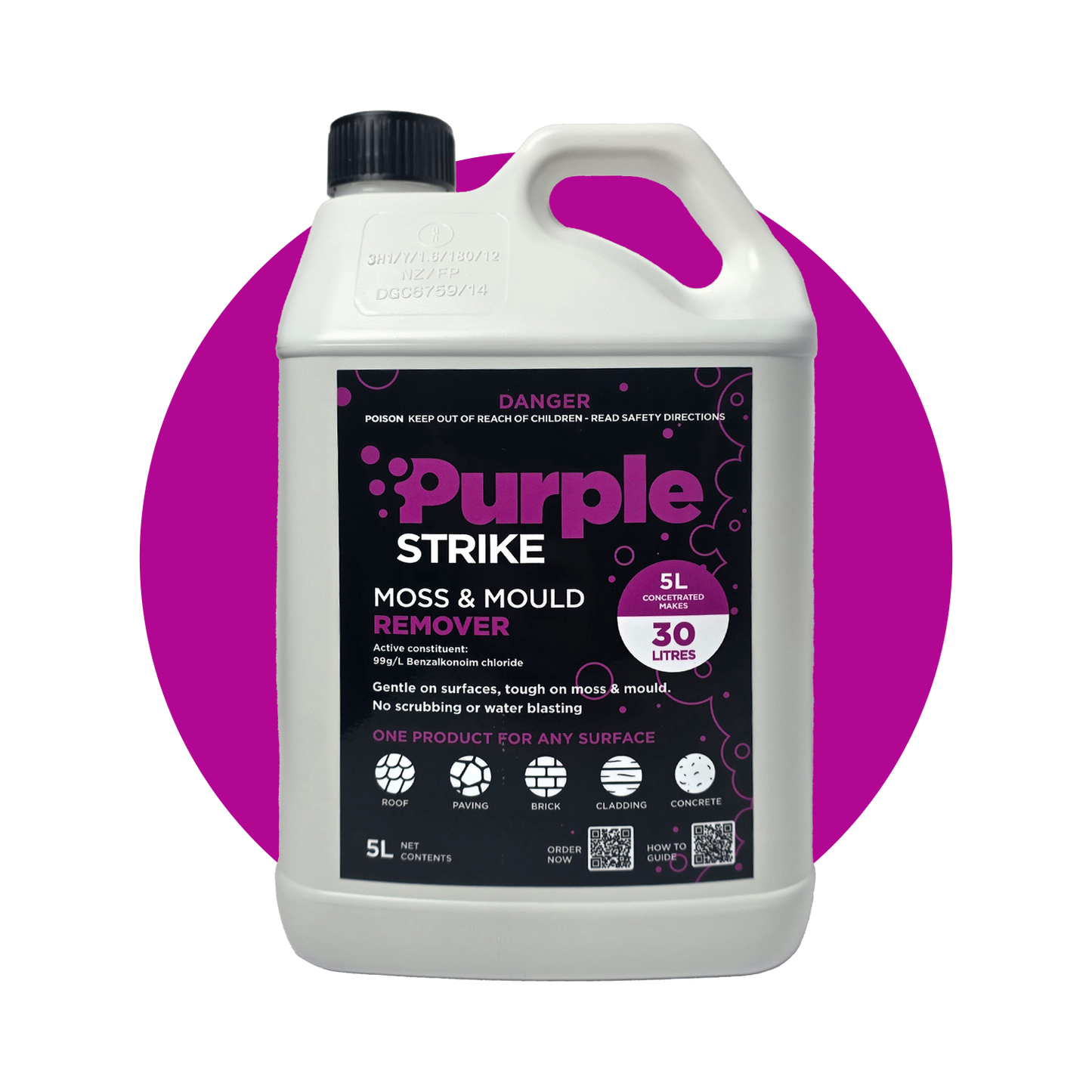 Purple Strike moss and mould remover 5litre container on a white background