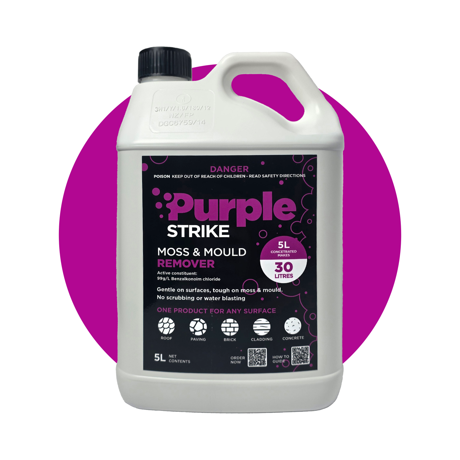 Purple Strike moss and mould remover 5litre container on a white background